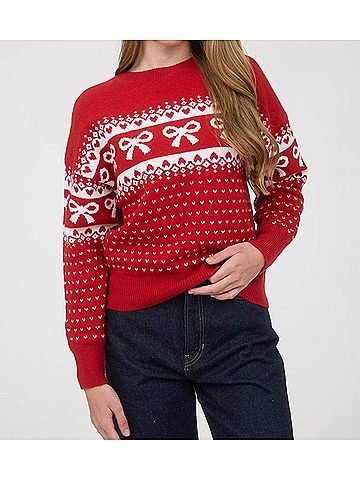 Blu Pepper Bow And Heart Jacquard Sweater in Red (view 2)