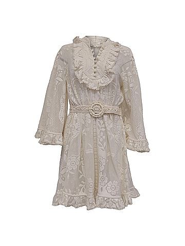 Zimmermann Zimmermann Tiggy Ruffled Crochet-Trimmed Lace Mini Dress in White Cotton (view 1)