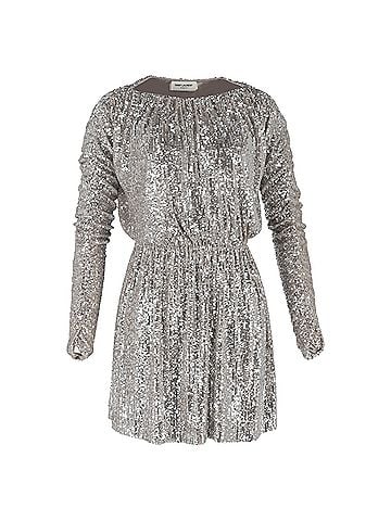 Saint Laurent Saint Laurent Bateau Neckline Sequined Mini Dress in Silver Polyester (view 1)