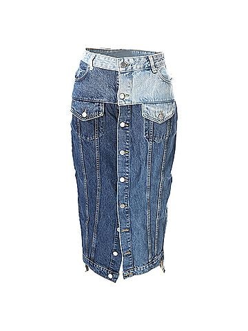 Kea and Joby Red Valentino Frayed Patchwork Midi Skirt in Light Blue Denim (view 1)