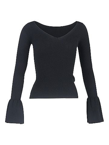 Sandro Sandro Ribbed-Knit Bell-Sleeved Sweater in Black Viscose (view 1)
