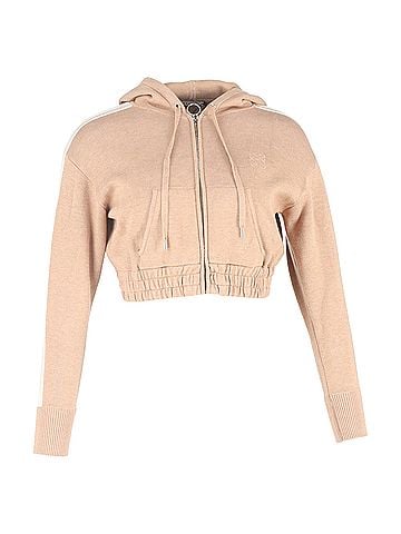 Sandro Sandro Zip-Up Hooded Cropped Sweater in Beige Cotton (view 1)