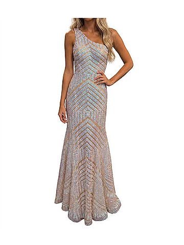 Jovani One Shoulder Beaded Dress in Blush/Nude (view 2)