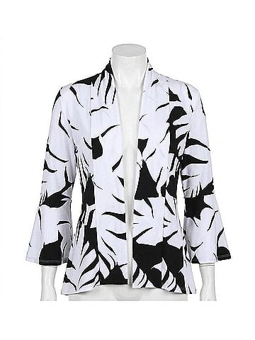 Frank Lyman Design Throw Over Leaf Print Open Front Kimono Jacket in Black/White (view 1)