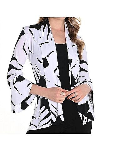 Frank Lyman Design Throw Over Leaf Print Open Front Kimono Jacket in Black/White (view 2)