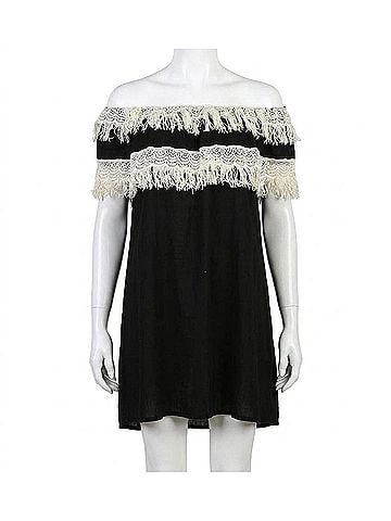 Velzera Off The Shoulder Fringe Mini Dress in Black (view 1)