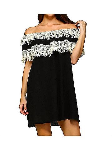 Velzera Off The Shoulder Fringe Mini Dress in Black (view 2)