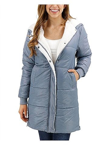 Grace & Lace Longline Hooded Puffer Jacket in Silver Mist (view 2)
