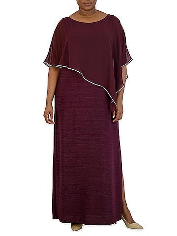 R&M Richards Sheer Cape Long Evening Dress in Burgundy (view 2)