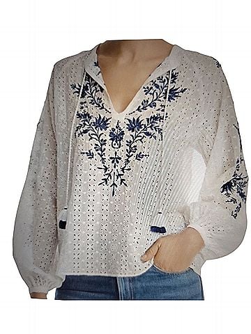 Jade by Johnny Was Embroidered eyelet blouse with braided tassel  Long Sleeve Blouse (view 1)