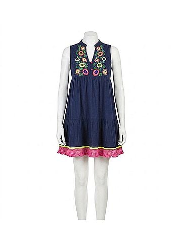Velzera Beaded And Fringe Bohemian Mini Dress - Plus in Blue (view 1)
