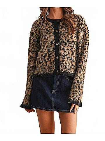 MIOU MUSE Leopard Print Sweater Cardigan in Brown (view 2)