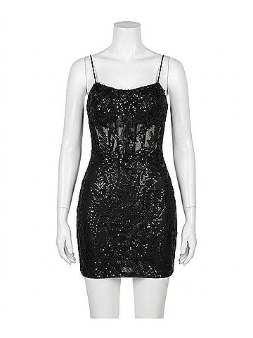 Jovani Elegant Sheer Sequin Mini Dress With Lace-Up in Black (view 1)