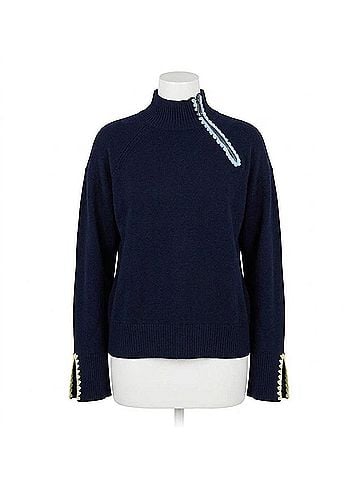 Charlie B Mock Neck Sweater With Zipper & Crochet Details in Navy (view 1)