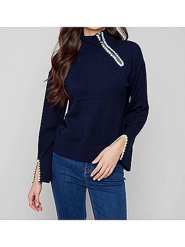 Charlie B Mock Neck Sweater With Zipper & Crochet Details in Navy (view 2)