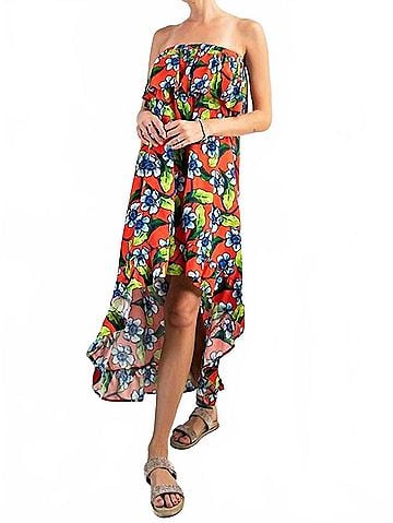 Easel Floral Assymetrical Strapless Dress in Red (view 2)