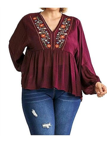 Umgee Floral Embroidered Top - Plus in Wine (view 2)