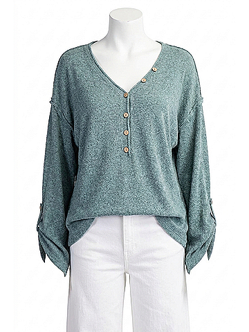 Easel V-Neckline Knit Button Detail Sweater in Teal Green (view 1)