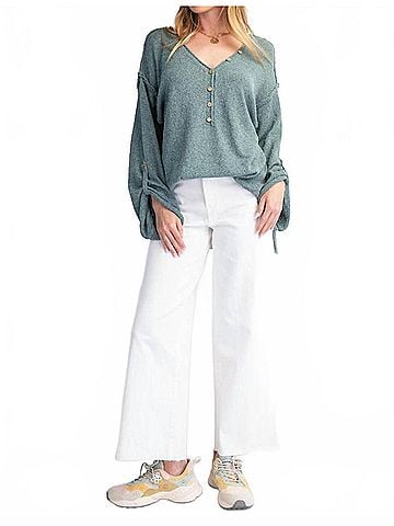Easel V-Neckline Knit Button Detail Sweater in Teal Green (view 2)