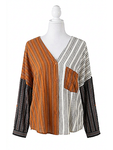 Fate Striped Color Block Blouse in Camel / Cream (view 1)