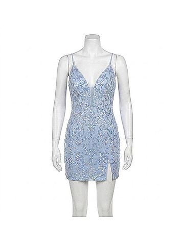 Jovani Embellished Illusion Bodice Cocktail Dress in Light Blue (view 1)