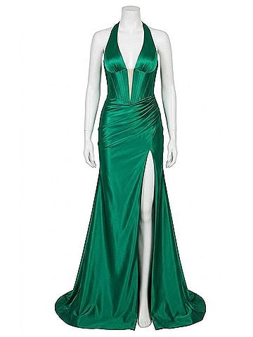 Jovani Halter Satin Gown With Ruched Wrap Skirt in Emerald (view 1)