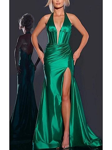 Jovani Halter Satin Gown With Ruched Wrap Skirt in Emerald (view 2)