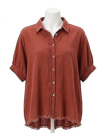 Umgee Linen Blend Top With Frayed Placket in Rosewood (view 1)