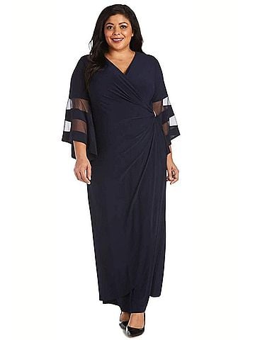 R&M Richards Sheer Trim Bell Sleeve Evening Dress in Navy (view 2)