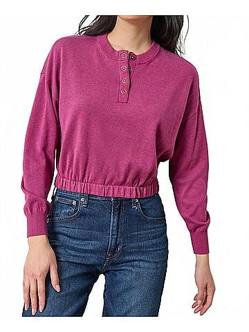 Lilla P Elastic Waist Henley Sweater in Dahlia (view 2)