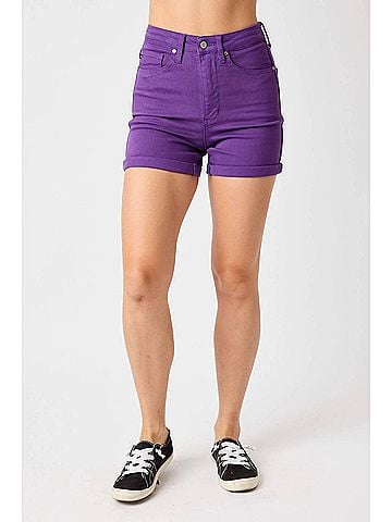 Judy Blue High Waist Tummy Control Garment Dyed Shorts in Purple (view 2)