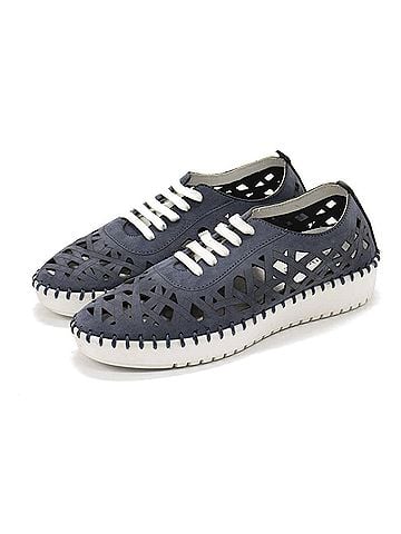 Eric Michael Women's Dolores Laser-Cut Leather Casual Sneaker in Denim Nubuk (view 2)