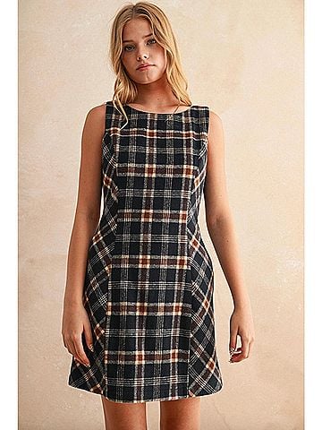 MIOU MUSE Mila Plaid Dress in Navy, Brown And Cream (view 2)