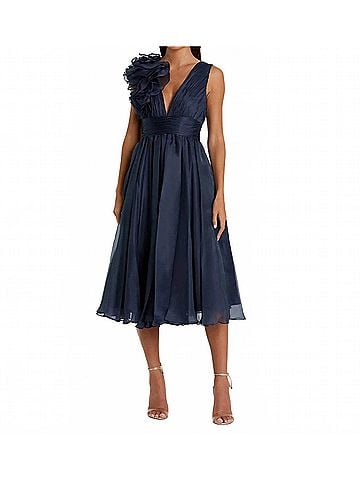 Mac Duggal Sleeveless Chiffon A-Line Tea Length Cocktail Dress in Midnight (view 2)