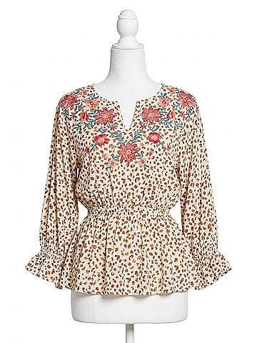 Andree by UNIT Embroidered Leopard Dolman Sleeve Top in Cream/Camel (view 1)