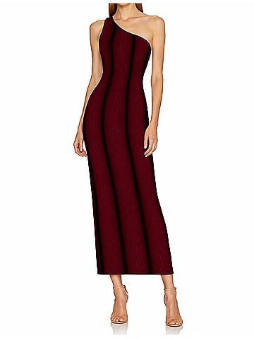 Ser.O.Ya One Shoulder Ribbed Maxi Dress in Burgundy Black Striped (view 2)