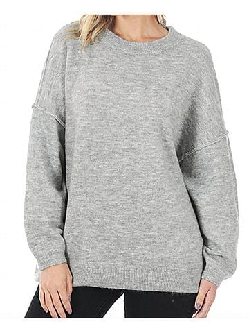 Zenana Oversized Round Neck Raw Seam Sweater in Melange Grey (view 2)