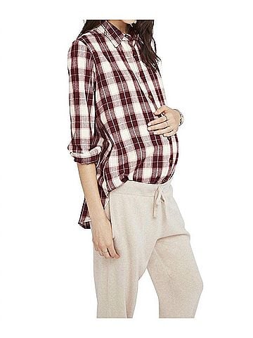 Hatch Flannel Plaid Button Down Maternity Shirt in Bordeaux (view 2)