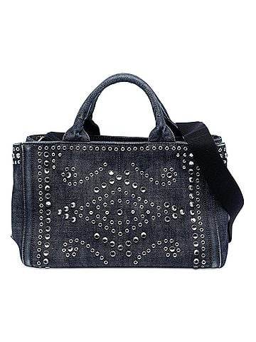 Prada Studded Denim Canapa Logo Satchel (view 1)