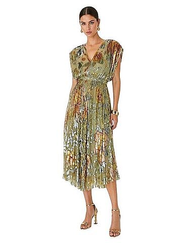 CO Hand Painted Watercolor French Velvet And Silk Pleated Midi Dress Cocktail Dress (view 1)