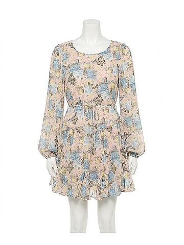 Bluivy Floral Print Ruffled Swing Dress in Dusty Pink (view 1)