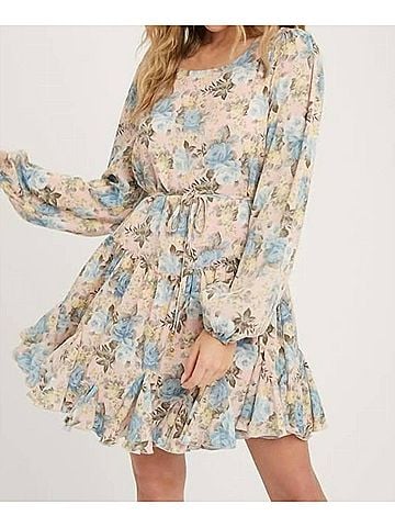 Bluivy Floral Print Ruffled Swing Dress in Dusty Pink (view 2)