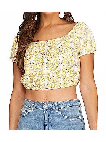She + Sky Puff Sleeve Crop Top in Yellow (view 2)