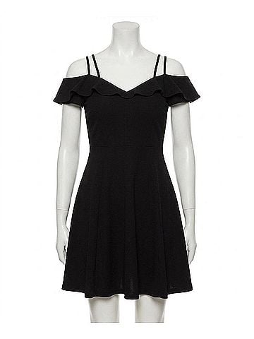 She + Sky Ruffle Sleeve Double Strap Flare Dress in Black (view 1)