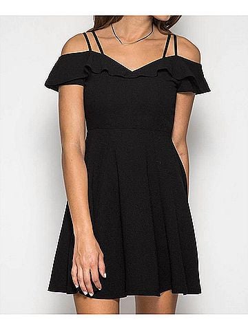 She + Sky Ruffle Sleeve Double Strap Flare Dress in Black (view 2)