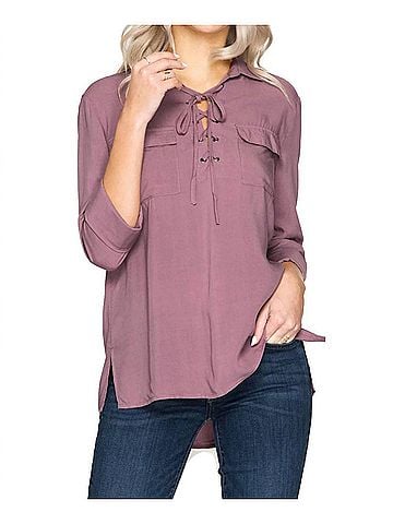 She + Sky Lace Up Shirt in Dusty Mauve (view 2)