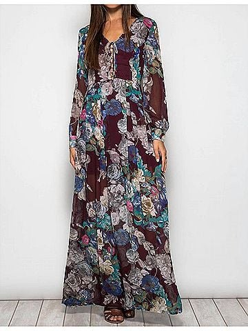 She + Sky Long Sleeve Floral Maxi Dress in Plum (view 2)