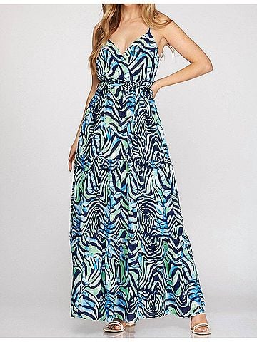 She + Sky Surplice Cami Printed Woven Tiered Maxi Dress in Navy (view 2)