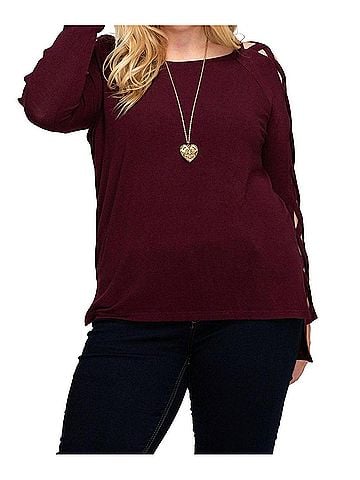 She + Sky Lattice Strap Sleeve Plus Sweater in Burgundy (view 2)