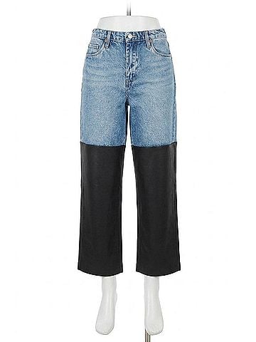 Blank NYC Ribcage Straight Leg Denim With Faux Leather Pants in Light Blue And Black (view 1)